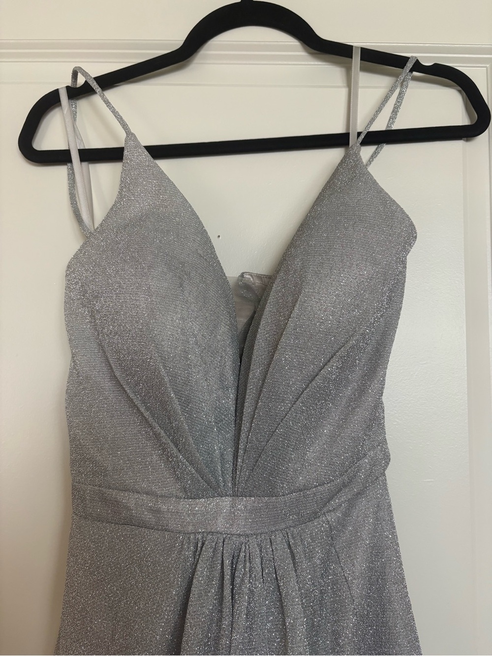 Silver Glitter Spaghetti Strap Evening Dress